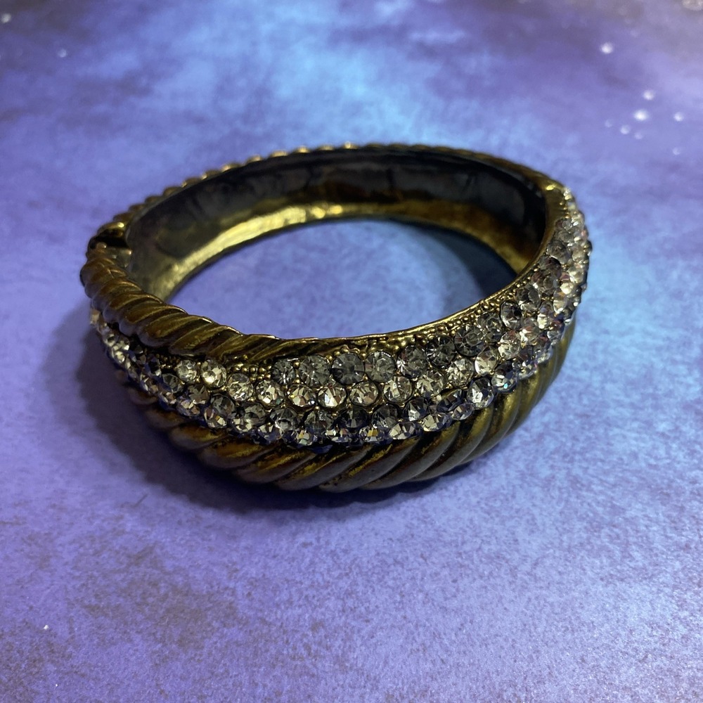 Clear Rhinestone Gold Tone Hinged Cuff Bracelet Chunky Vintage‎ Asymmetrical